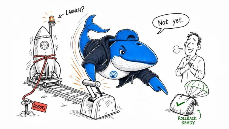 Urgent Sonar stops a website launch because a robots blocker remains, while confirming that the rollback path is ready.
