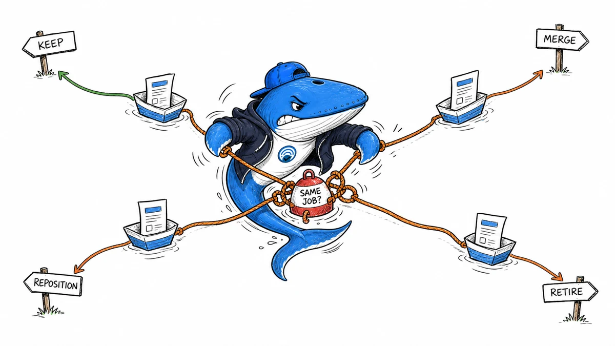 Frustrated Sonar untangles overlapping page jobs and routes content to keep, merge, reposition, or retire decisions.