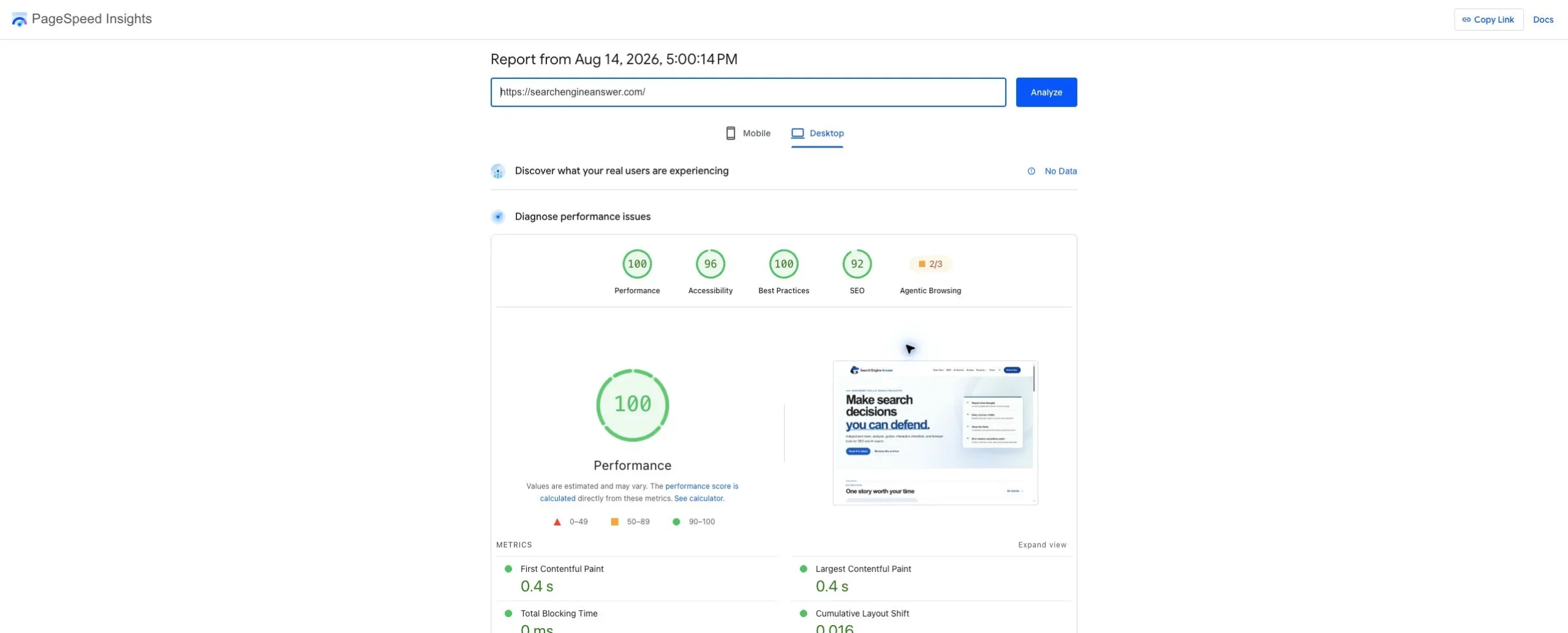 PageSpeed Insights desktop report for the SearchEngineAnswer homepage showing a performance score of 100, accessibility 96, best practices 100, SEO 92, and no real-user field data.