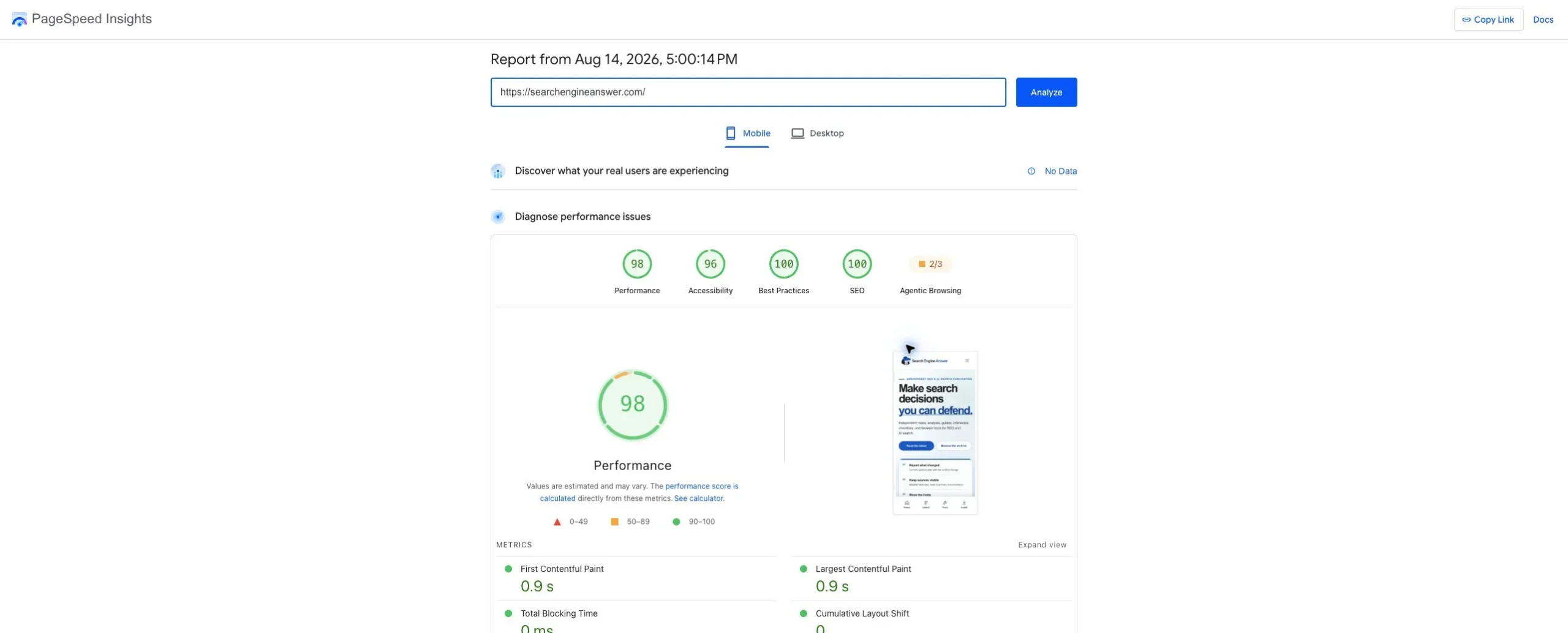 PageSpeed Insights mobile report for the SearchEngineAnswer homepage showing a performance score of 98, accessibility 96, best practices 100, SEO 100, and no real-user field data.