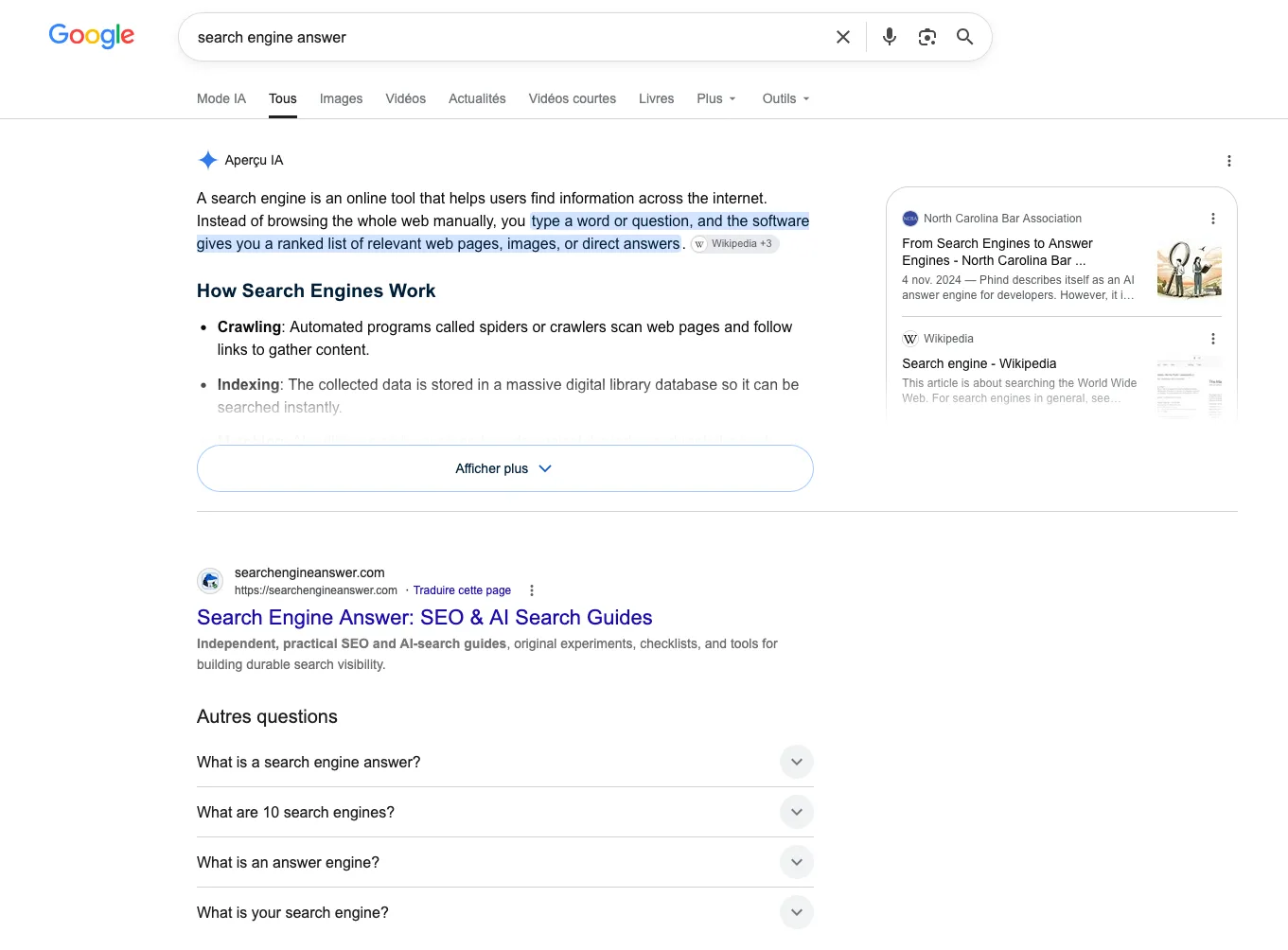 French-language Google results page for the query search engine answer, showing a generic AI Overview followed by the SearchEngineAnswer homepage as the first visible conventional result.