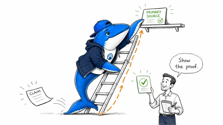Determined Sonar braces an evidence ladder, retrieves a primary-source card for a claim, and passes it to a relieved editor.