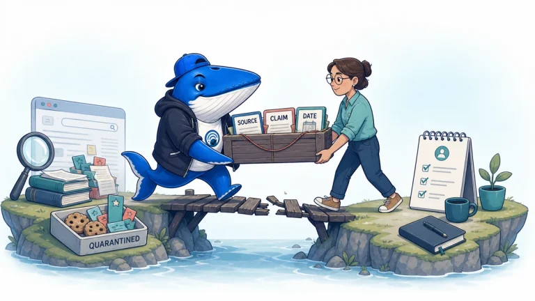 Sonar and a research editor carry source, claim and date evidence across a broken bridge while sensitive browser state stays quarantined.