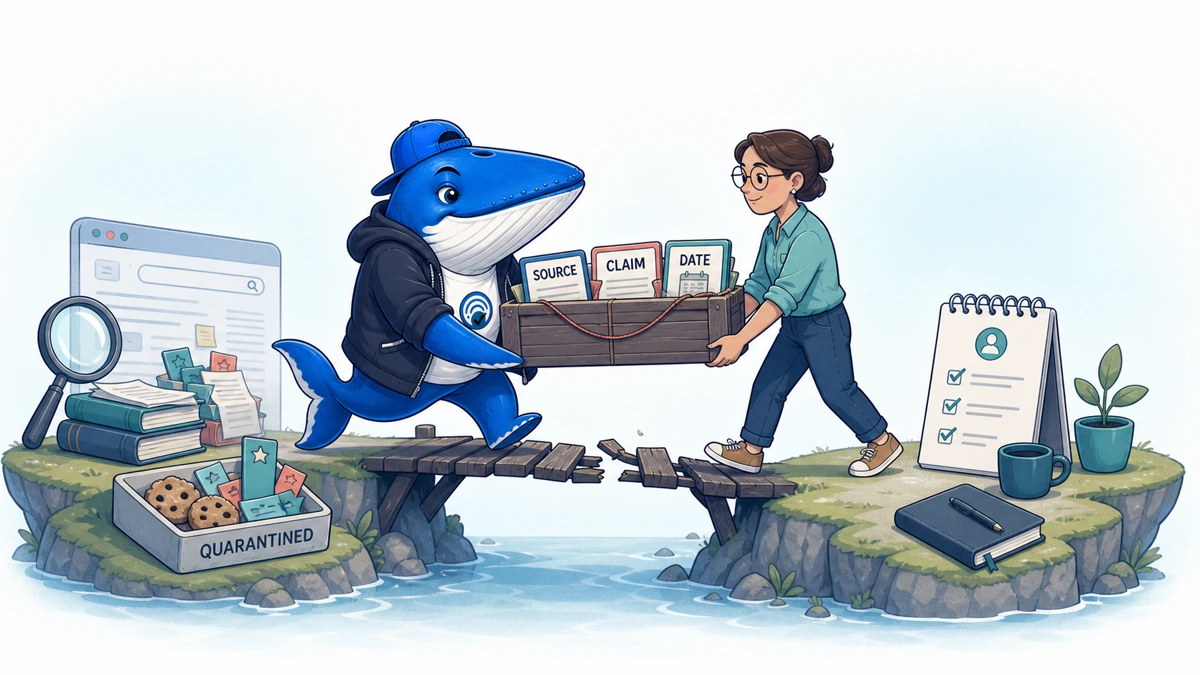 Sonar and a research editor carry source, claim and date evidence across a broken bridge while sensitive browser state stays quarantined.