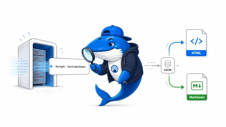 Sonar the Answer Whale inspects an Accept text markdown request at a gateway with separate HTML and Markdown outputs.