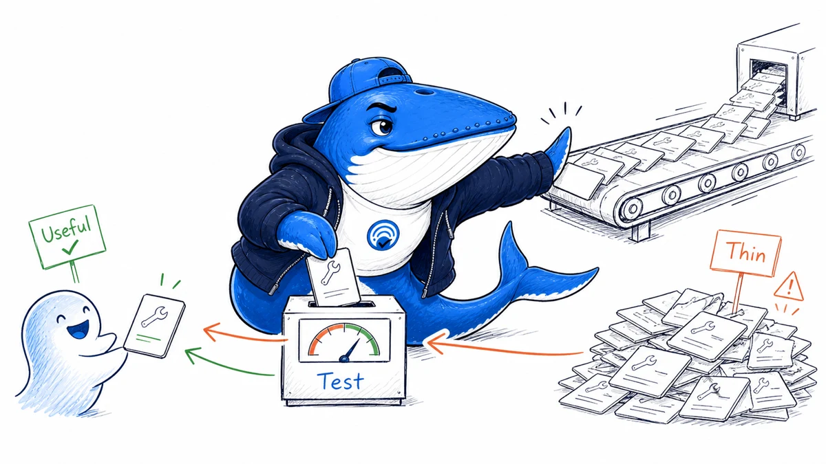 Sonar the Answer Whale sorts AI-generated tool cards through Useful, Thin, and Test quality gates.