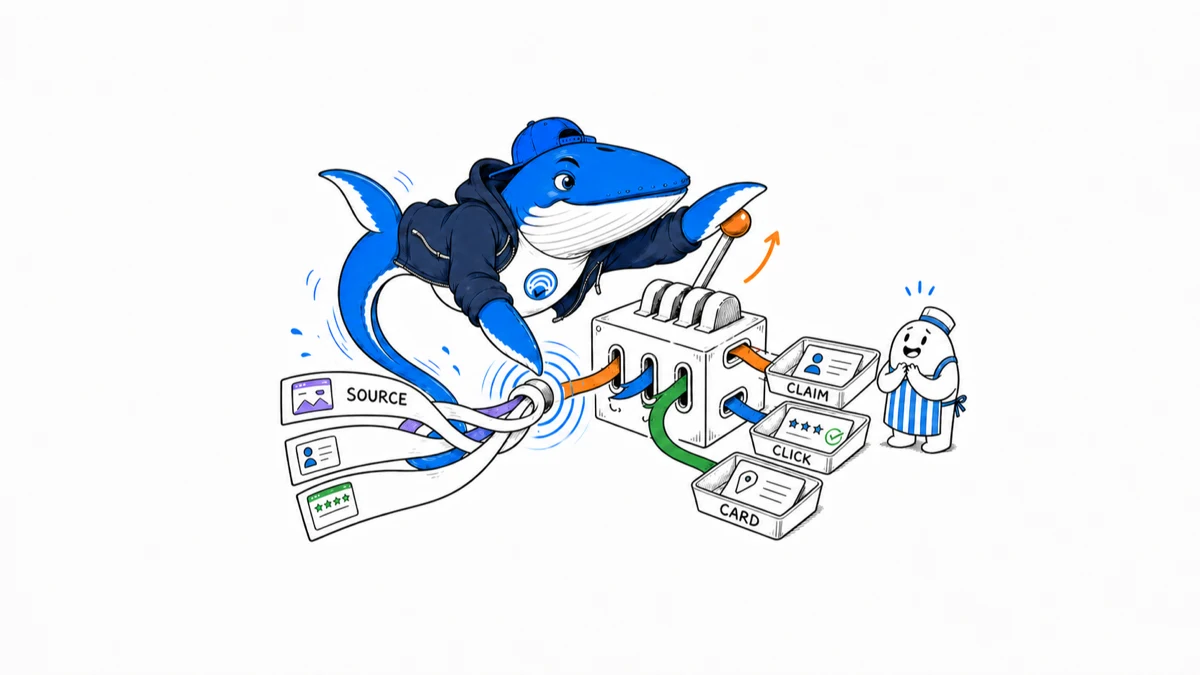Sonar separates tangled local-recommendation sources into claim support, click destination, and profile-card roles while a shopkeeper reacts with relief.