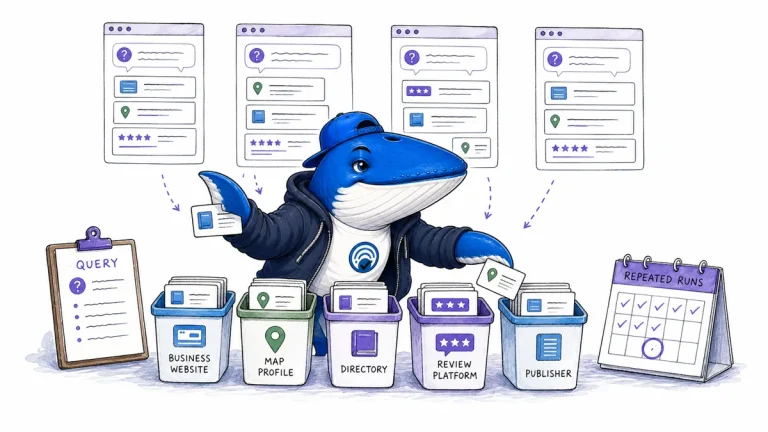 Sonar compares a business website, map profile, and directory cards across several AI assistant answers.
