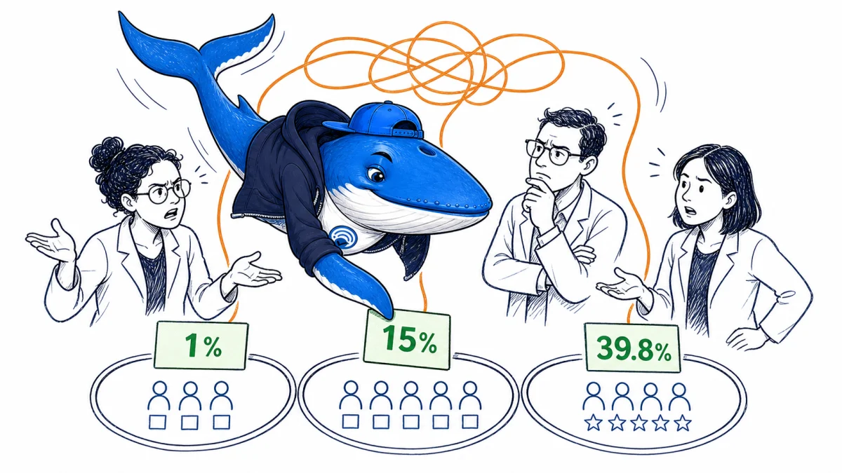 Sonar the Answer Whale sorts 1%, 15% and 39.8% result cards into three different study frames while researchers compare the designs.