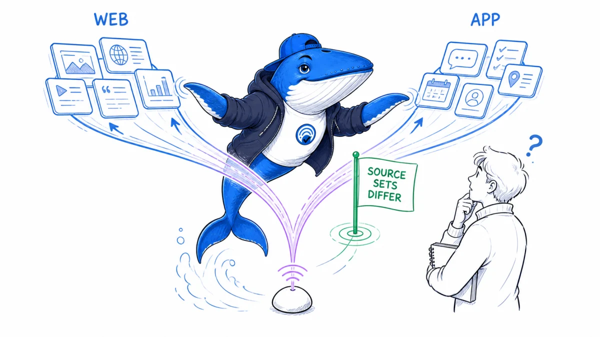Sonar the Answer Whale follows one violet query into web and app branches that return visibly different source-card bundles.