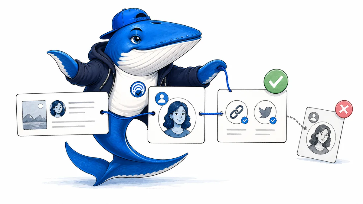 Sonar connects an article byline, author profile, and verified identity links into one clean graph.