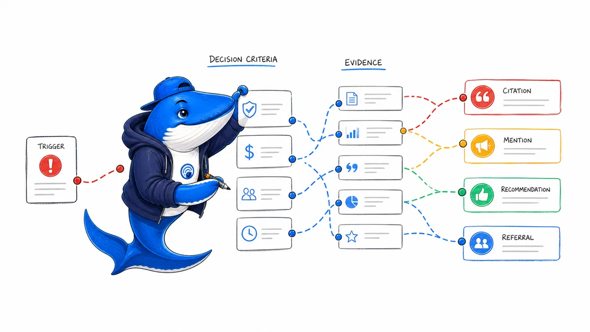 Sonar the Answer Whale maps a buyer trigger through decision criteria and evidence to citation, mention, recommendation, and referral cards.