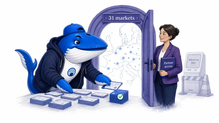 Sonar the Answer Whale sorts verified campaign cards beside a Europe access gate marked 31 markets, with partner access open and self-service later.