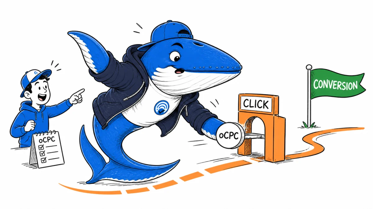 Sonar the Answer Whale pushes an oCPC campaign token through a click gate on the route to a conversion flag.