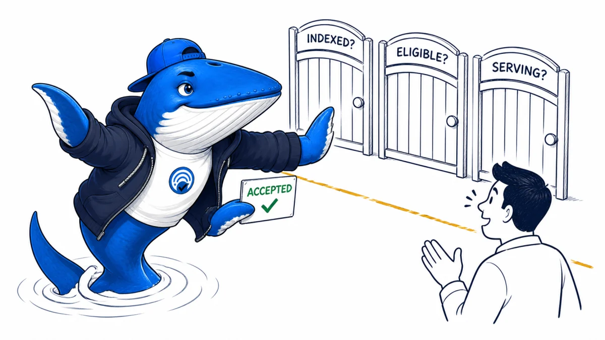 Sonar the Answer Whale holds an accepted update card in front of three unopened gates labeled indexed, eligible and serving.