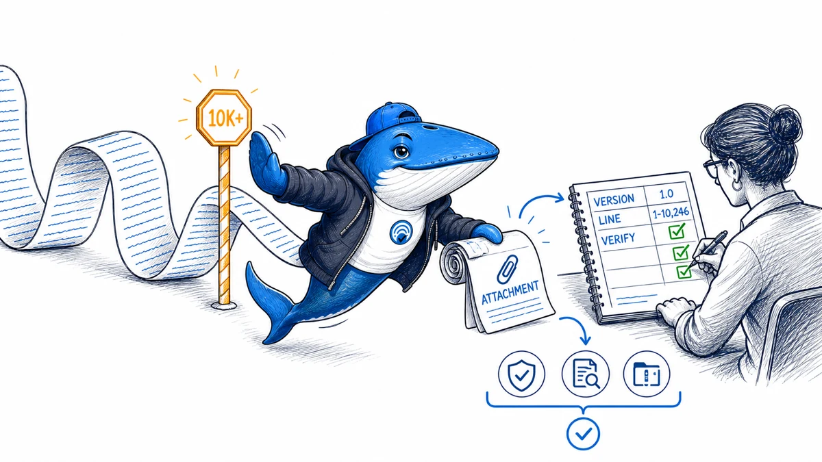 Sonar turns a text ribbon longer than 10,000 characters into a versioned attachment and hands it to an evidence reviewer.