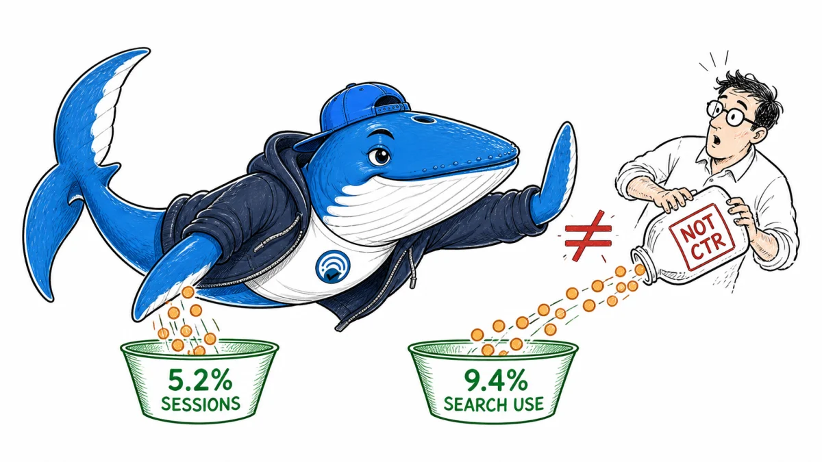 Sonar the Answer Whale catches 5.2% sessions and 9.4% search use in separate vessels and blocks a false CTR comparison.