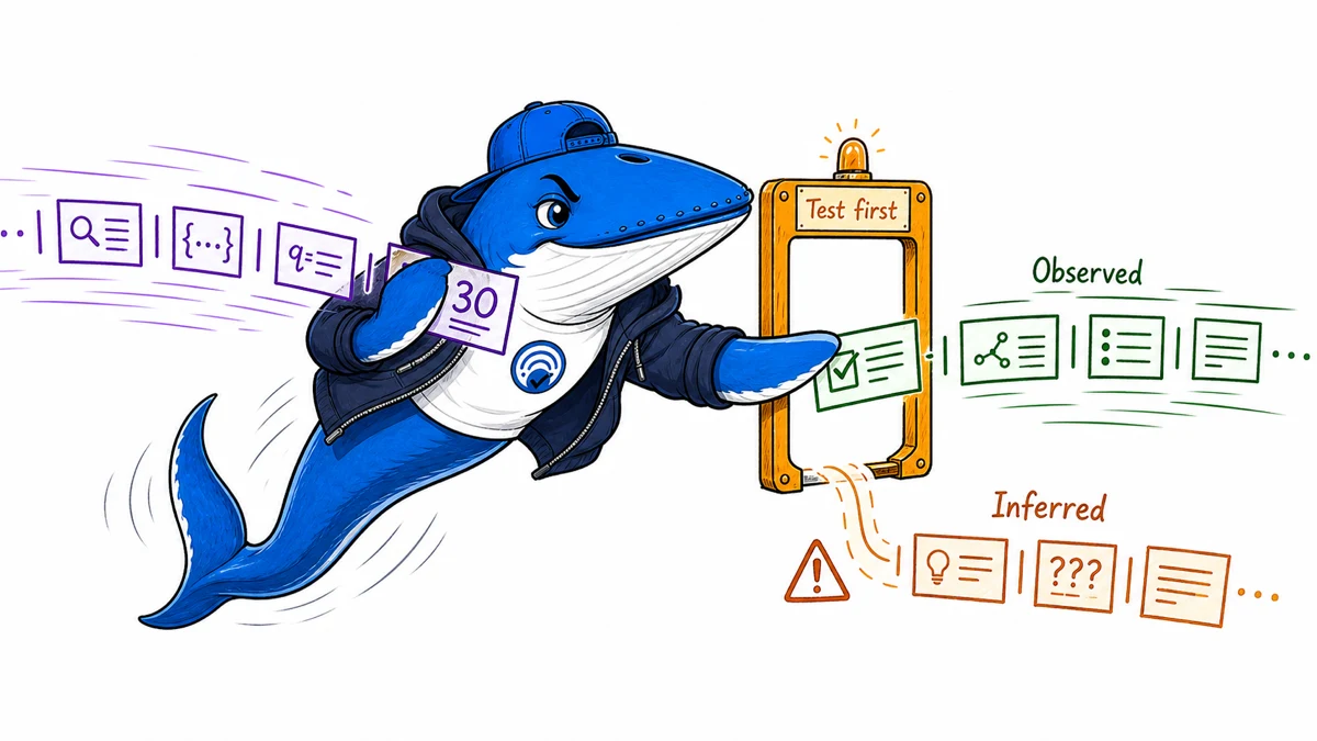 Sonar the Answer Whale routes a card marked 30 through a test gate, separating observed search-call evidence from inferred meanings.