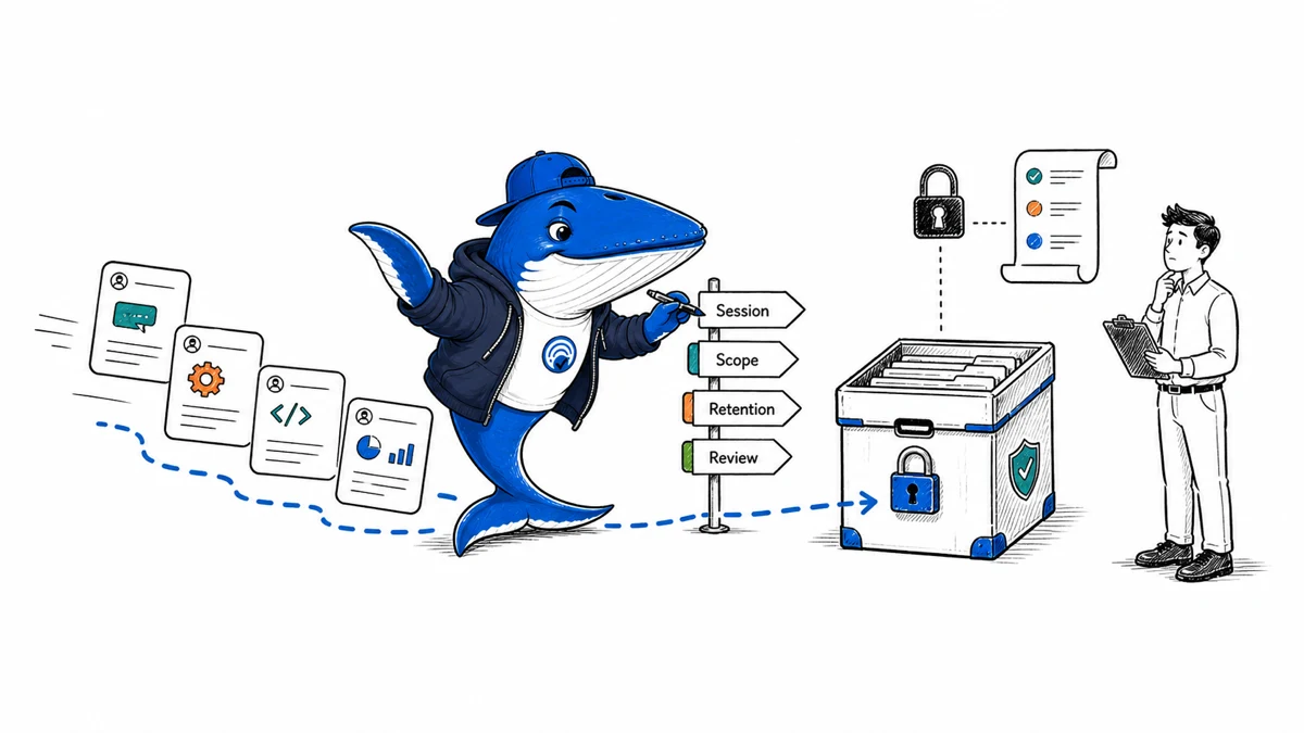 Sonar the Answer Whale routes local AI session cards through Session, Scope, Retention, and Review labels into a secure archive.