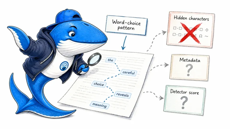 Sonar the Answer Whale inspects a word-choice pattern beside separate cards for hidden characters, metadata, and detector score.