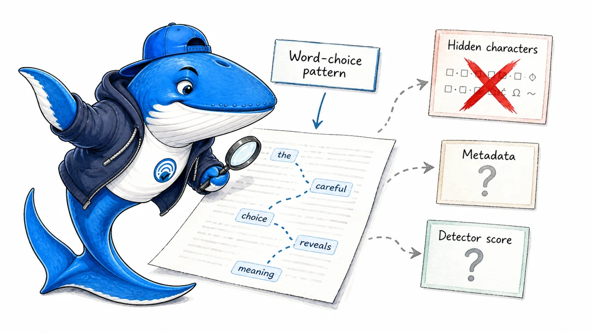 Sonar the Answer Whale inspects a word-choice pattern beside separate cards for hidden characters, metadata, and detector score.