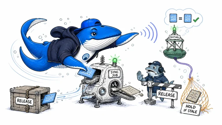 Sonar moves a new source version through a sync job and sentinel check while a stale version remains held outside the release gate.