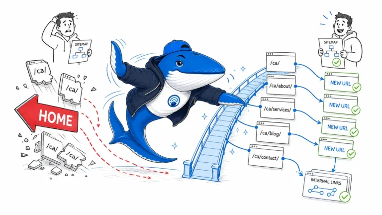 Sonar repairs a broken old-prefix route and guides crawler cards to clean new canonical URLs.