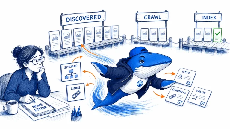 Sonar the Answer Whale traces newly discovered page cards toward crawl and index gates while an editor records why some pages wait.