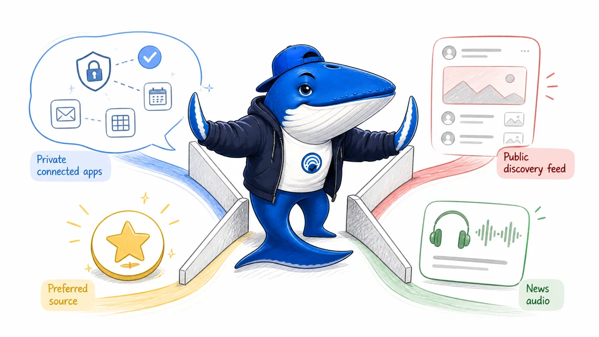 Sonar the Answer Whale separates private connected app stories, a public discovery feed, preferred source star, and news audio card.