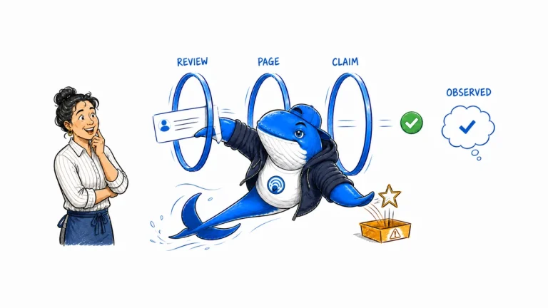 Sonar routes a testimonial through review, page, and claim checks while blocking a rating-star shortcut before an observed AI answer.