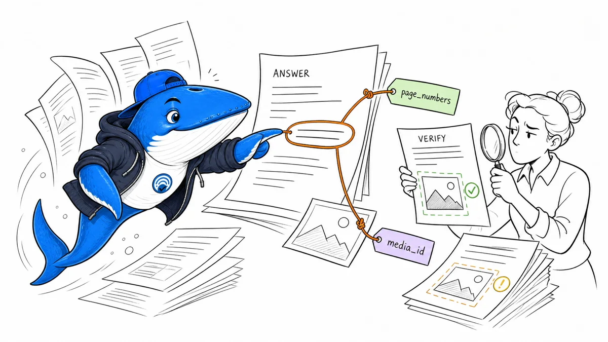 Sonar traces a Gemini answer to page_numbers and media_id locators while an editor verifies a duplicate image.