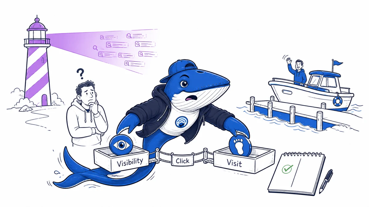 Sonar the Answer Whale traces separate cards labeled impression, click, visit, and conversion between search and analytics.