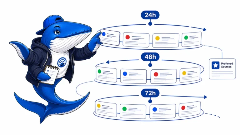 Sonar the Answer Whale compares rotating AI Mode source cards at 24, 48, and 72 hours.