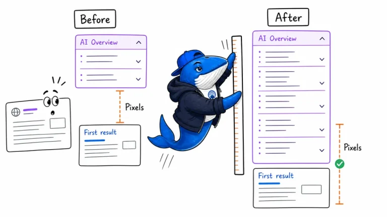 Sonar the Answer Whale measures the before-and-after height of an expanding AI Overview and the displaced first result.