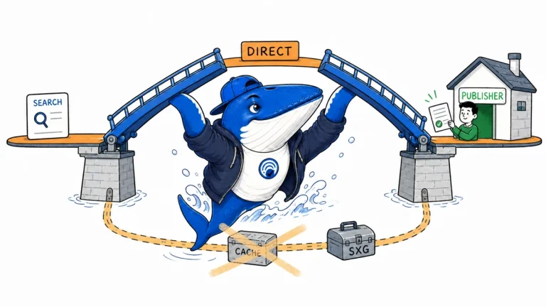 Sonar lifts a drawbridge to create a direct route from Search to a publisher while Cache is crossed out and the SXG toolbox is closed.