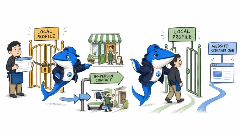 Sonar guides a local business through the in-person contact gate while routing its website to a separate customer-information path.