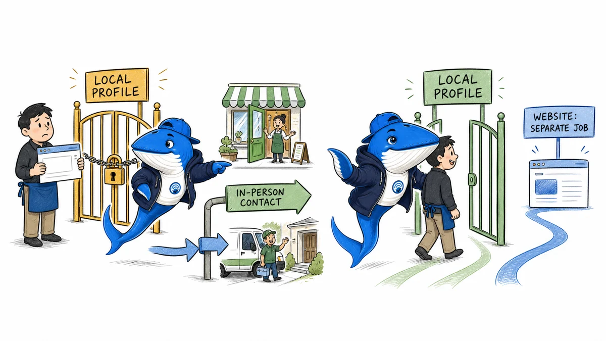 Sonar guides a local business through the in-person contact gate while routing its website to a separate customer-information path.