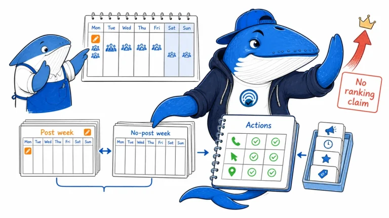 Sonar the Answer Whale compares matched weekday calendars for Google Business Profile posts with calls, clicks, and directions recorded.