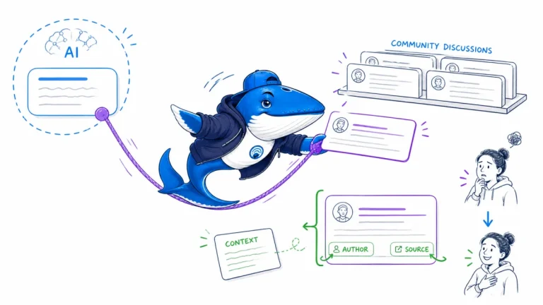 Sonar traces a piece of community advice back to its author, full discussion, and missing qualification.