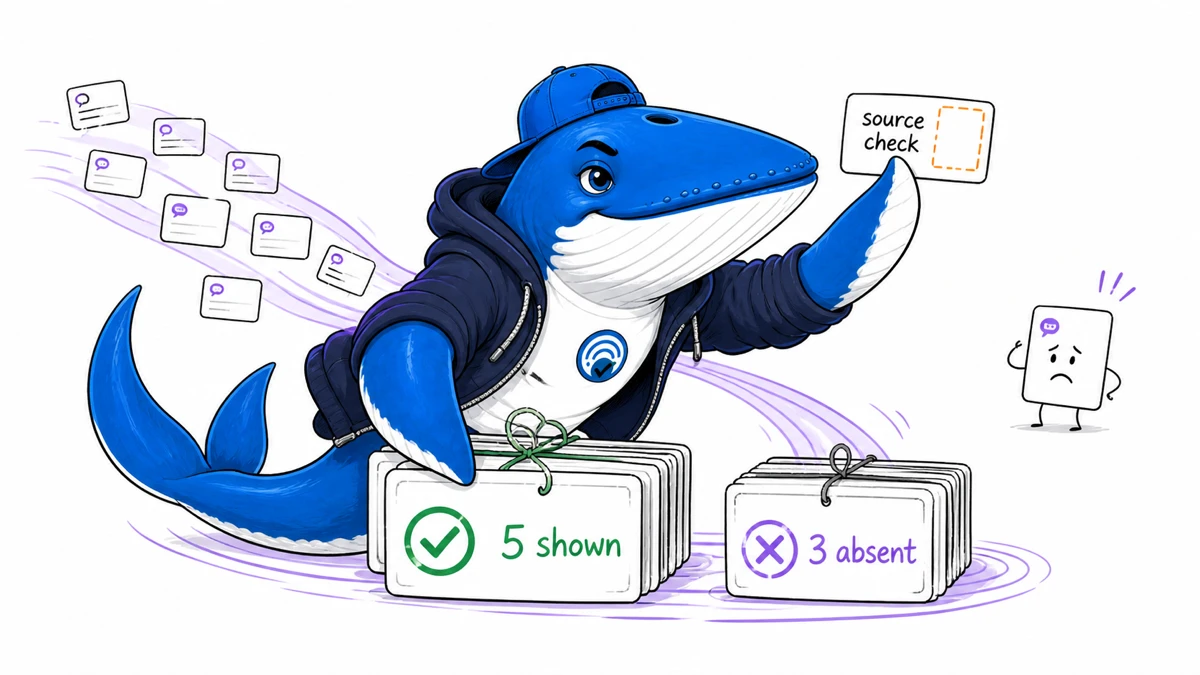 Sonar sorts an eight-query AI Mode sample into five queries with a community section and three without, while checking an incomplete source tag.