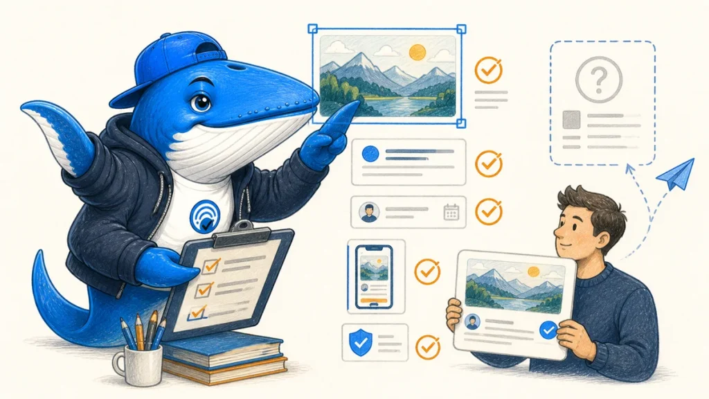 Sonar the Answer Whale reviews a Google Discover article card with checks for headline, large image, evidence, and mobile experience.