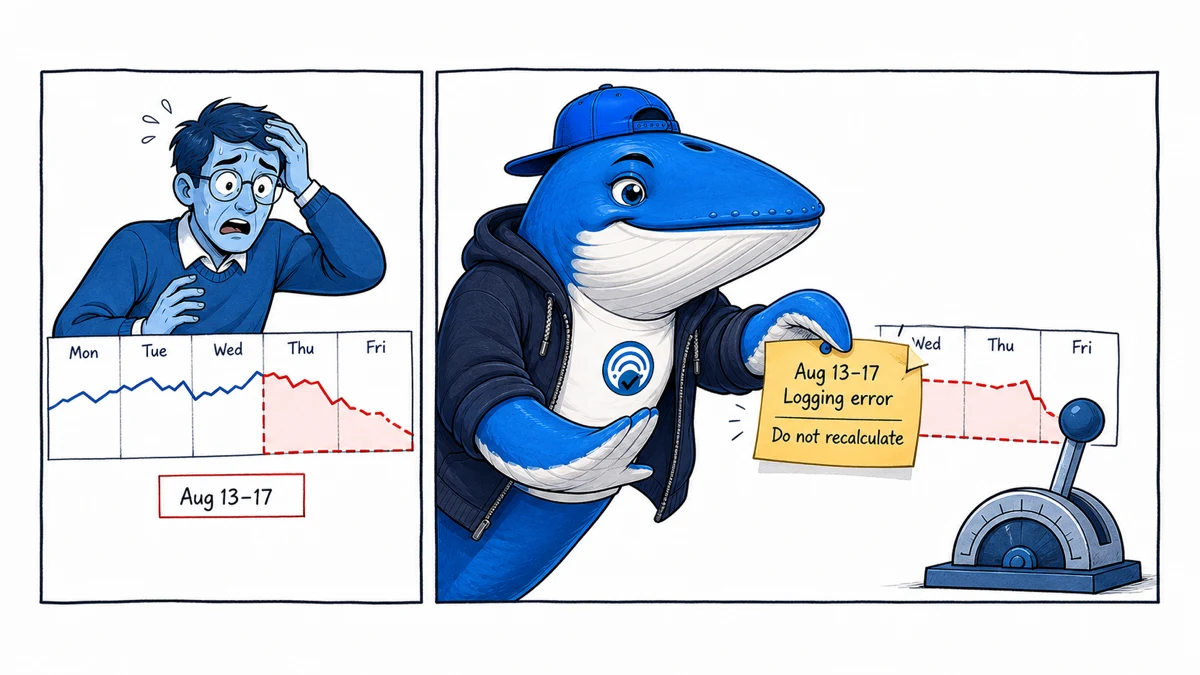 Sonar the Answer Whale holds an August 13–17 logging error note and warns a publisher not to recalculate a falling chart.