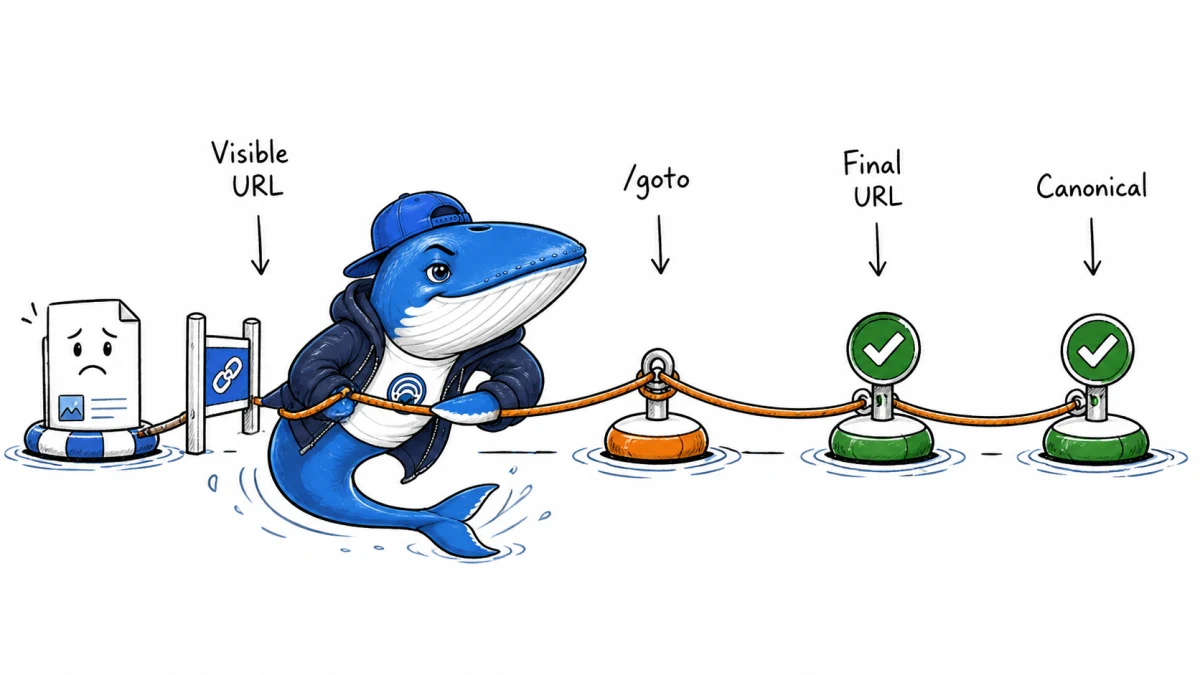Sonar the Answer Whale traces a result link through /goto to the final URL and canonical destination.