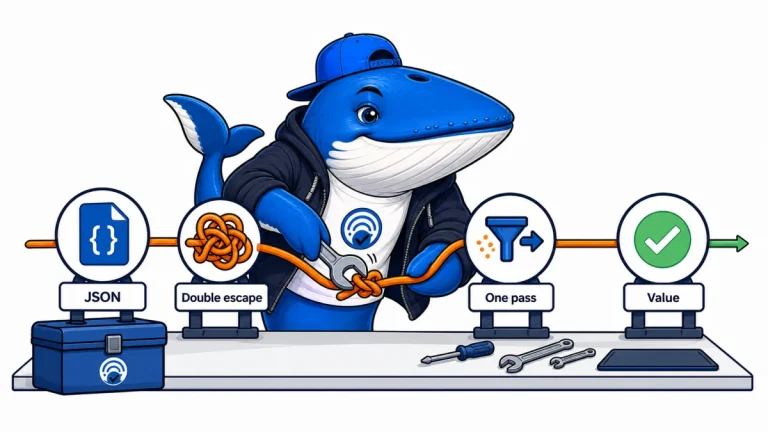Sonar the Answer Whale removes a double-escape knot from a JSON-LD data path before one-pass extraction.