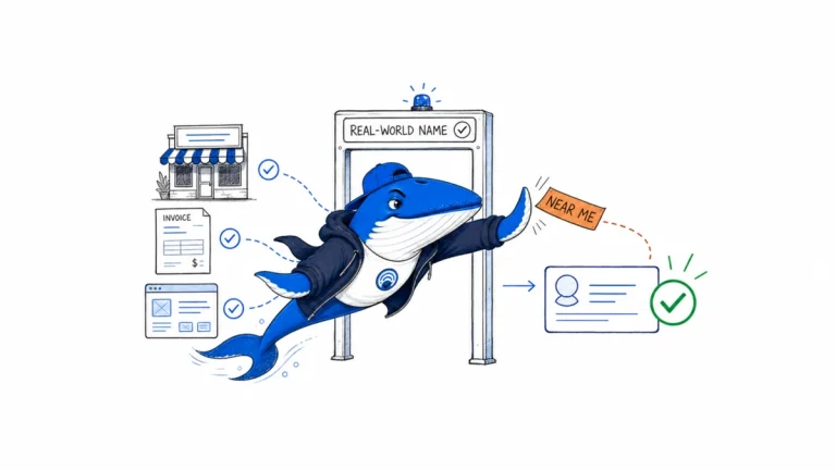 Sonar stops a loose near-me phrase at a gate while consistent storefront, invoice and website evidence supports the real-world business name.
