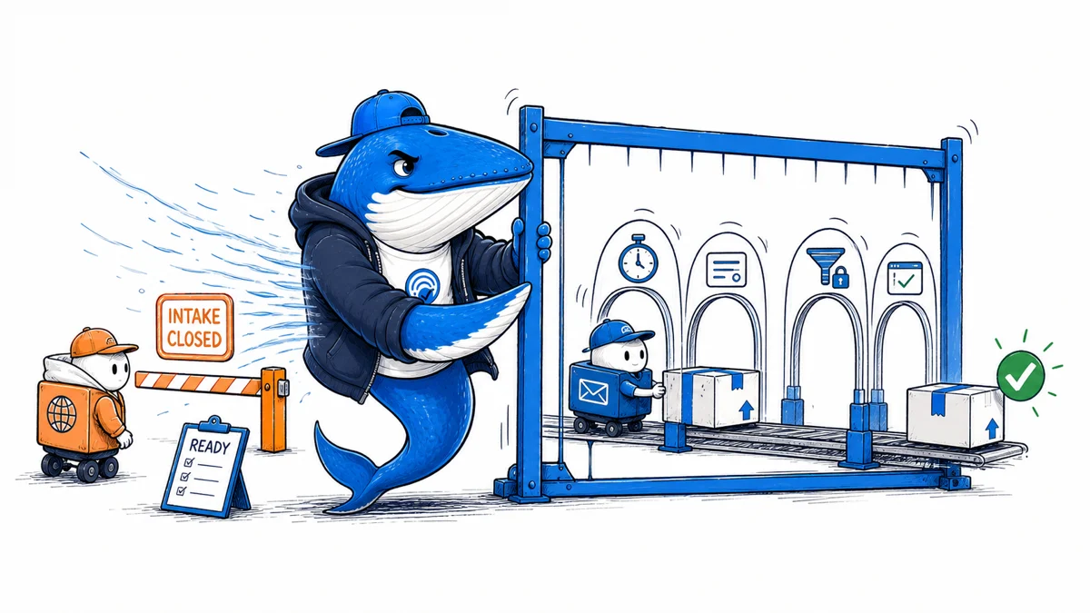 Sonar stabilizes an existing package-tracking maintenance gate while a prospective carrier stops at the closed intake path.