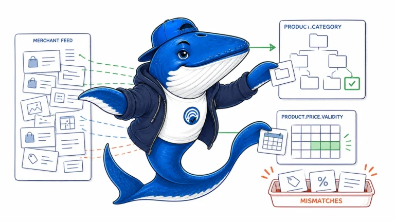 Sonar maps merchant feed cards into Product.category and a price-validity calendar while mismatches fall into a warning tray.