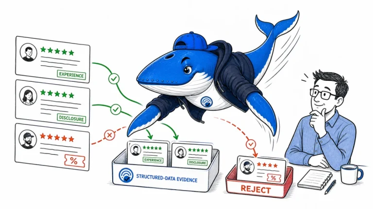 Sonar routes genuine reviews with clear incentive evidence toward structured data and rejects a coupon-conditioned review.