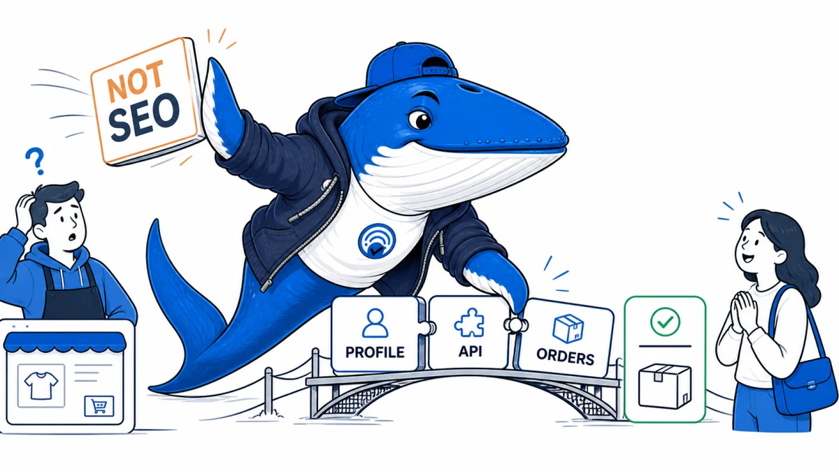 Sonar the Answer Whale moves a Not SEO sign aside while assembling profile, API and orders blocks into a checkout bridge.