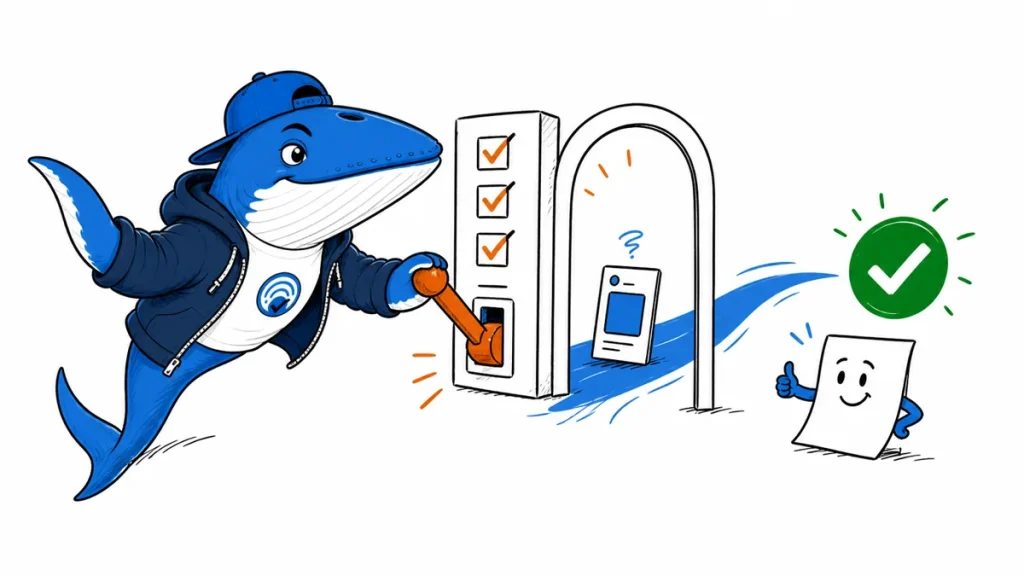 Focused Sonar pulls an orange checklist lever to open a search-discovery gate for an eligible public professional post.
